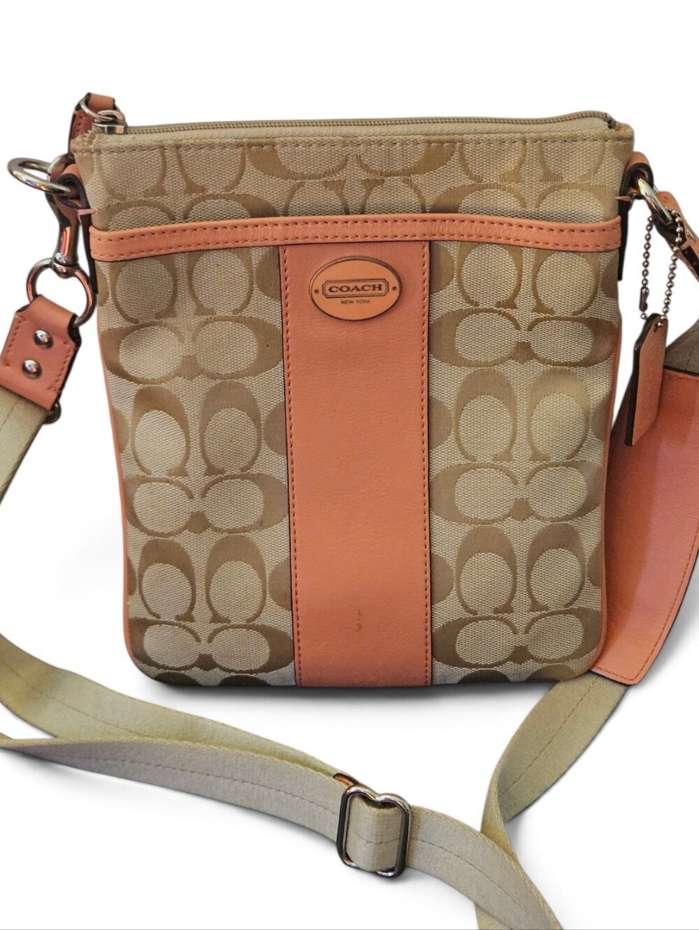 Coach Signature Canvas Crossbody Bag in Beige & Coral